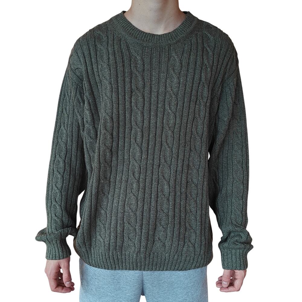 Geoffrey Beene Cable Knit Sweater Men’s L Olive Green Crewneck Classic